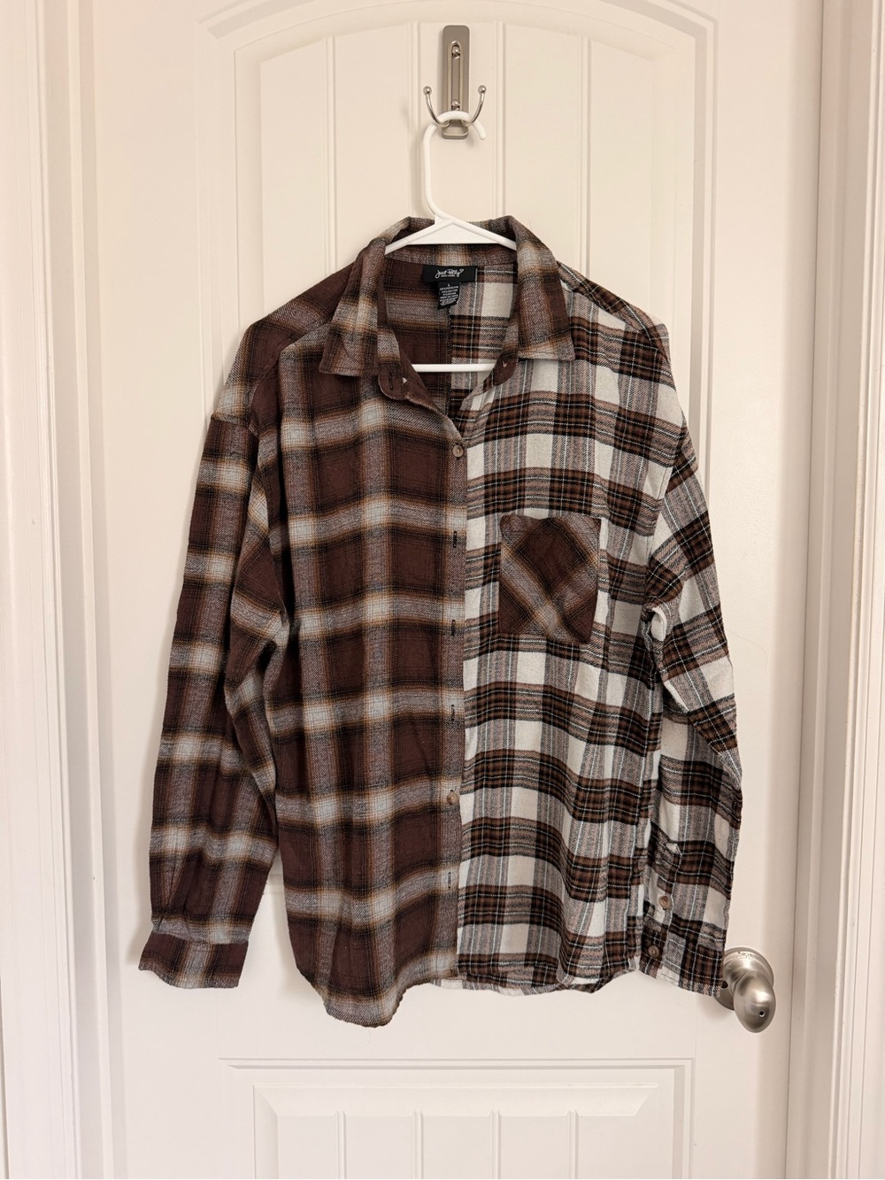 Unisex Split Plaid Button-Down Shirt in Brown and Cream